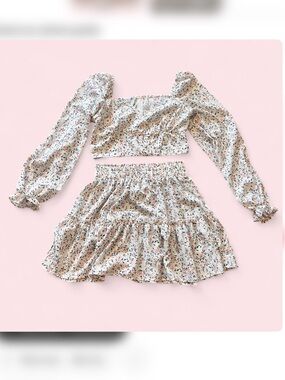 SHEIN Cream Floral Smocked Crop Top & Skirt Set